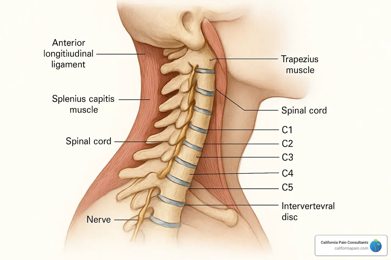 Anatomie du cou : vue latérale montrant la colonne vertébrale, la moelle épinière, les muscles (trapèze, splénius capitis) et les ligaments à la base de la nuque.