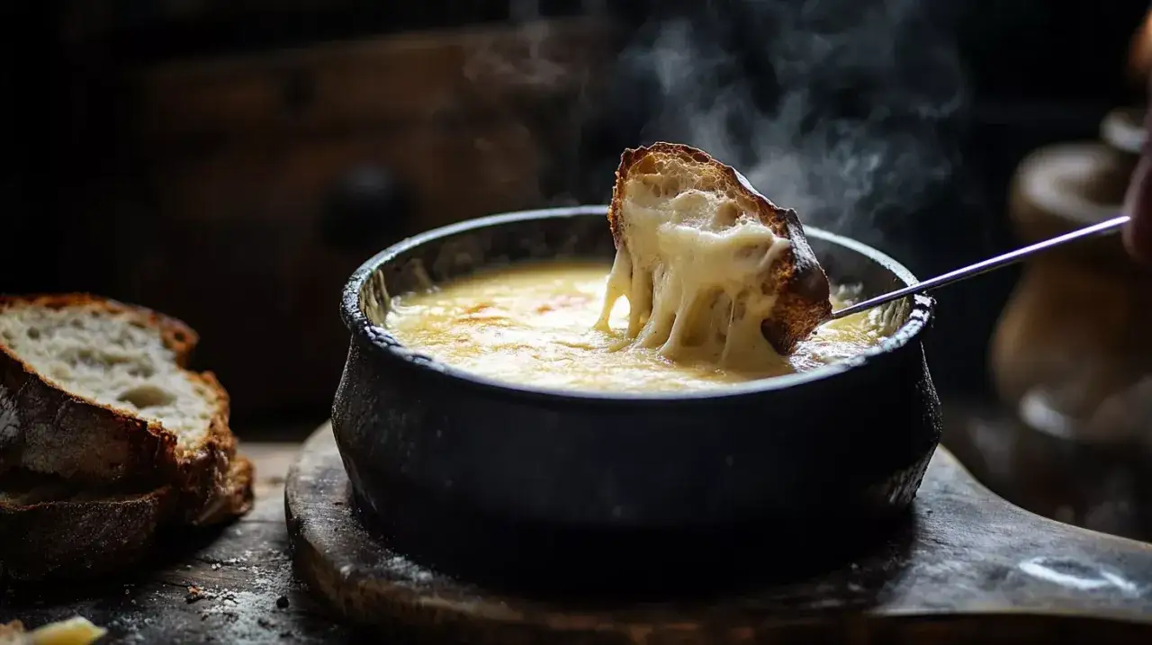 Un morceau de pain trempé dans une fondue savoyarde fumante, avec une belle quantité de fromage filant.