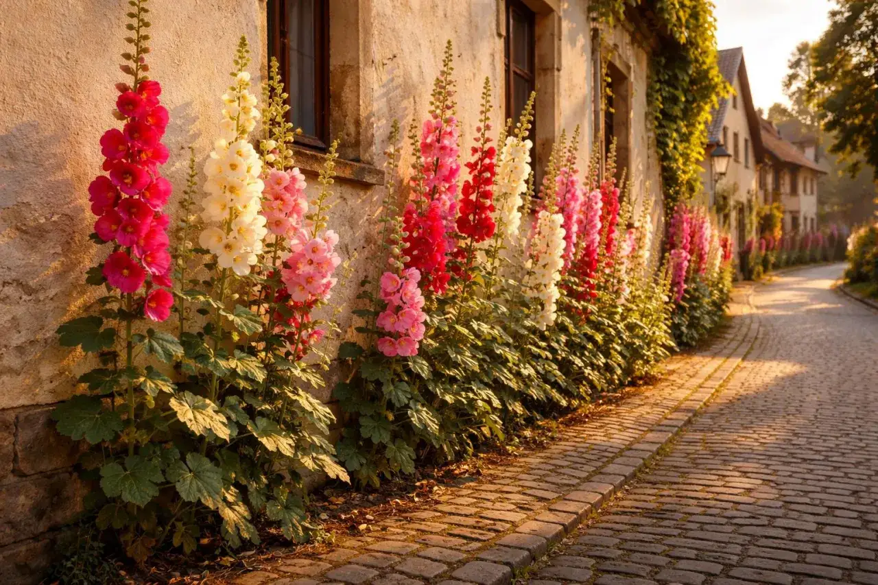 Bunte Stockrosen bl&uuml;hen am sonnigen **Stockrosen Standort** entlang einer Kopfsteinpflasterstra&szlig;e vor einer alten Hauswand.