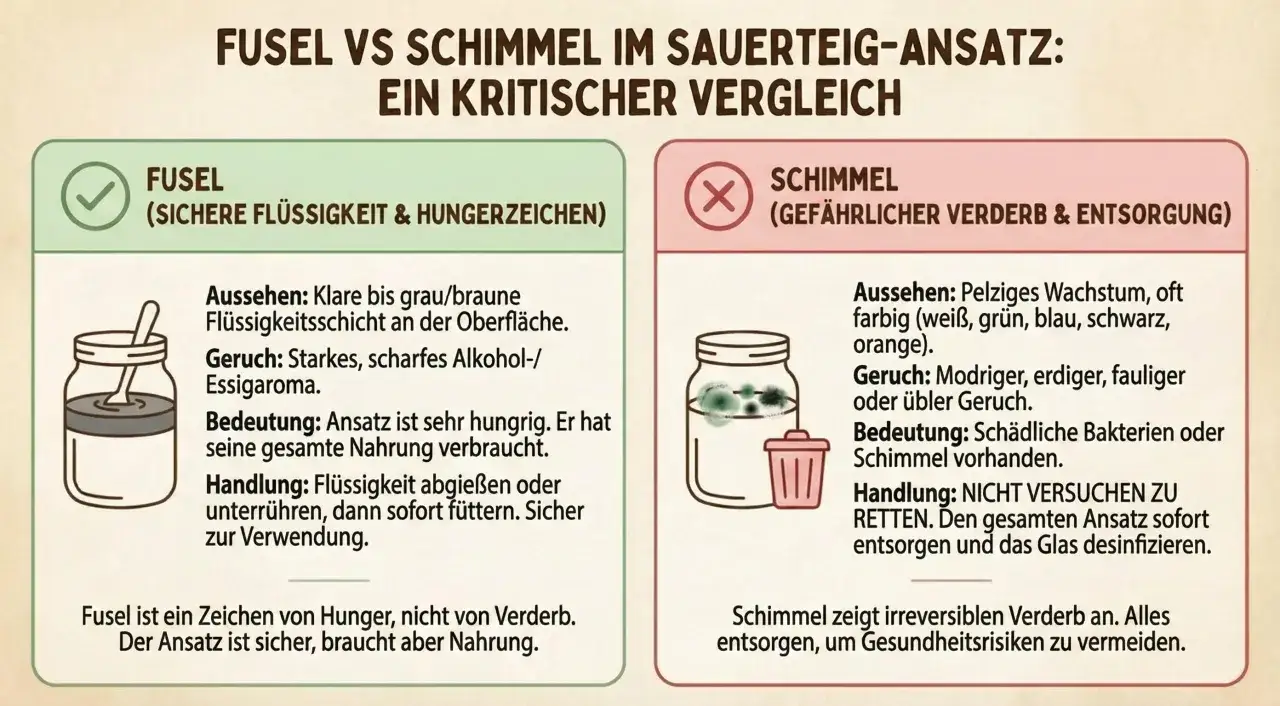 Sauerteig mit Fusel (klare Fl&uuml;ssigkeit) ist hungrig, aber sicher. Schimmel (pelziges Wachstum) bedeutet Verderb und Entsorgung.