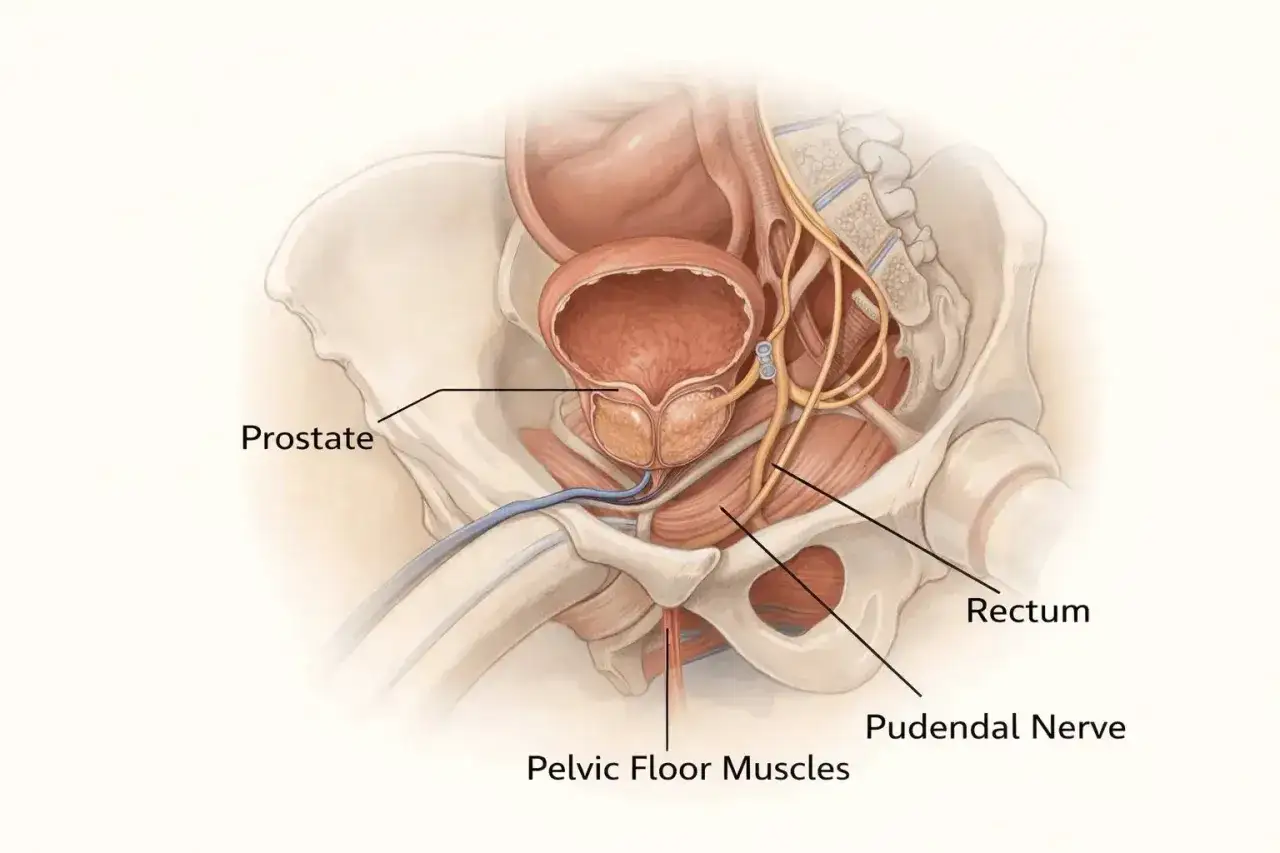 Anatomia miednicy: prostata, pęcherz, odbytnica, nerw sromowy i mięśnie dna miednicy. Ilustracja do filmu o masażu prostaty.