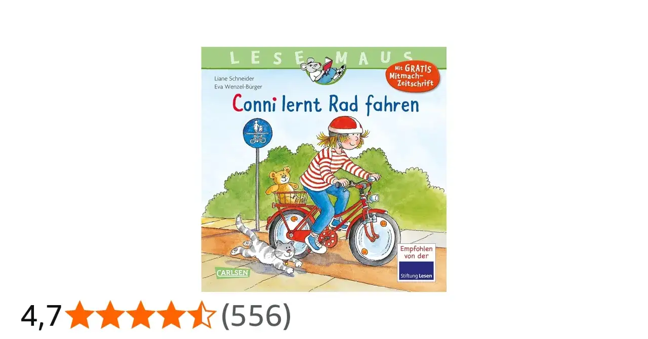 Conni lernt Rad fahren: Ein Mädchen mit Helm fährt stolz auf ihrem roten Fahrrad, ein Teddybär im Korb, eine Katze rennt daneben.