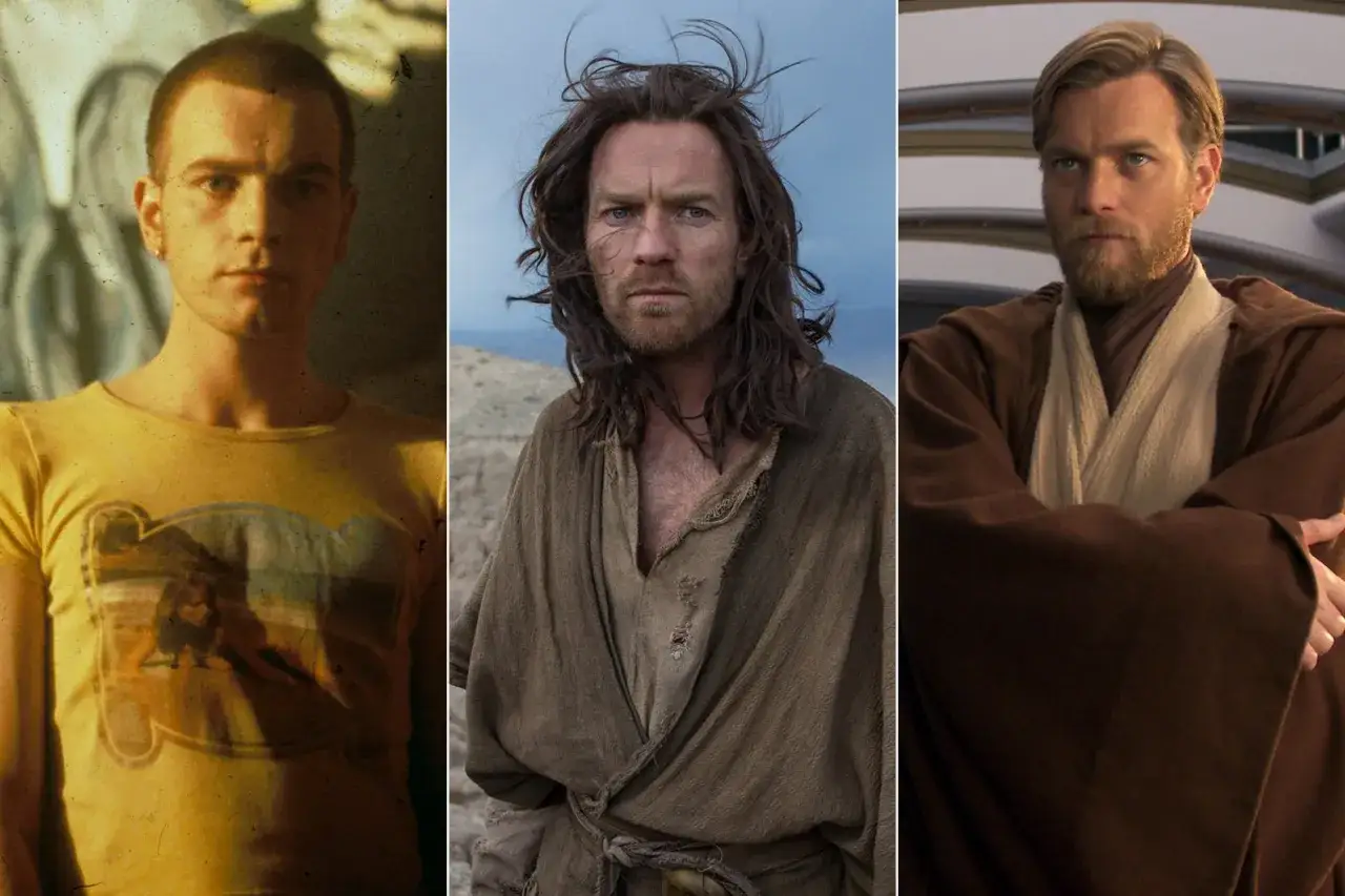 Ewan McGregor w trzech odsłonach: młody chłopak w t-shircie, pustelnik i Obi-Wan Kenobi. Jego filmy, seriale i programy to bogactwo ról.