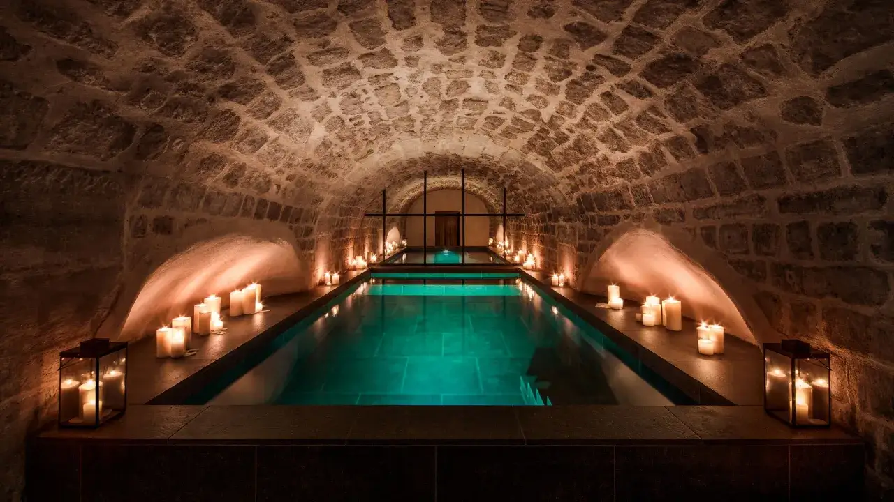 Piscine intérieure éclairée par des bougies dans une cave voûtée en pierre, une **activité insolite à Paris** pour une soirée romantique.