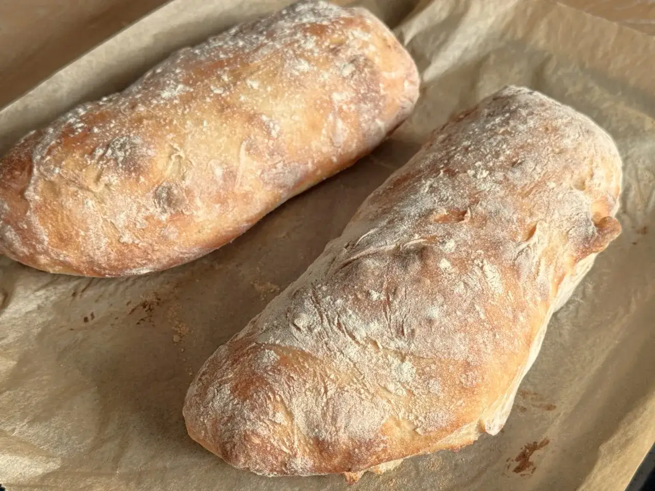 Dwa świeżo upieczone bochenki ciabatty, posypane mąką, leżą na papierze do pieczenia. Idealne do domowego ciabatta przepis.