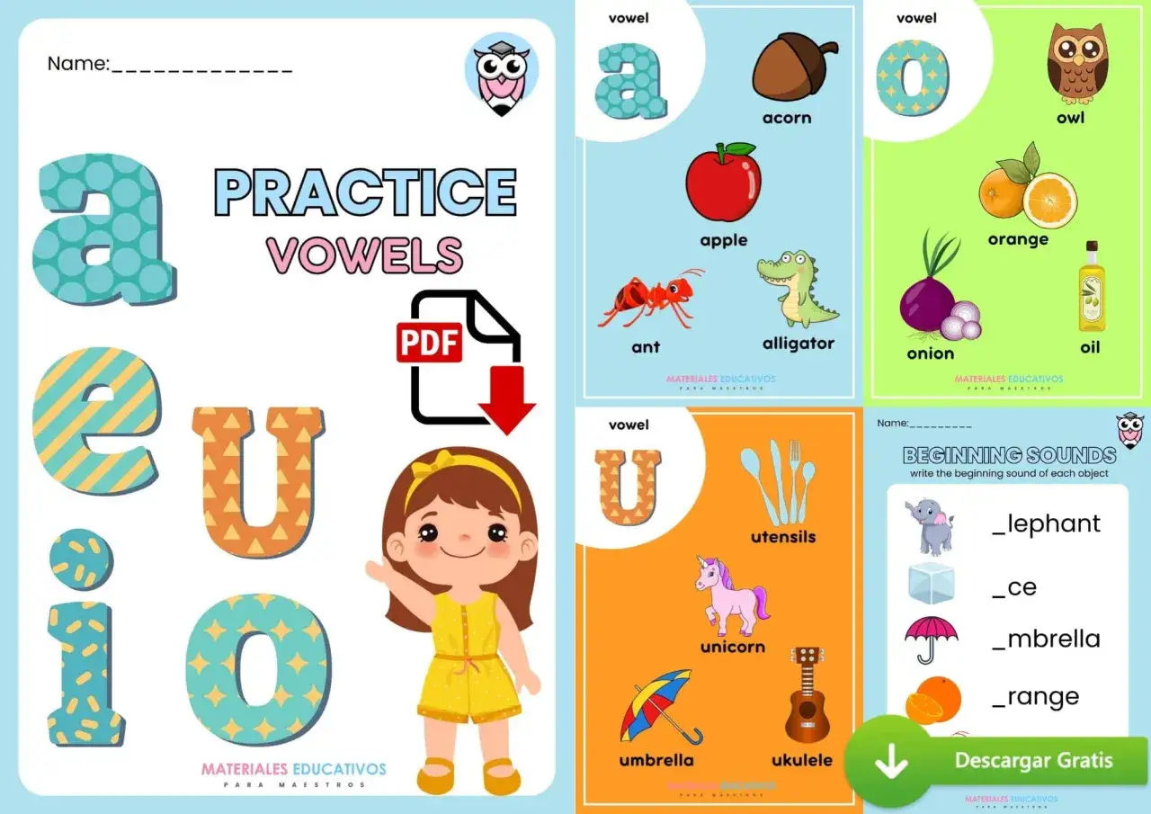 Fichas vocales con dibujos para practicar las letras a, e, i, o, u. Incluye ejemplos como manzana, elefante y uva.