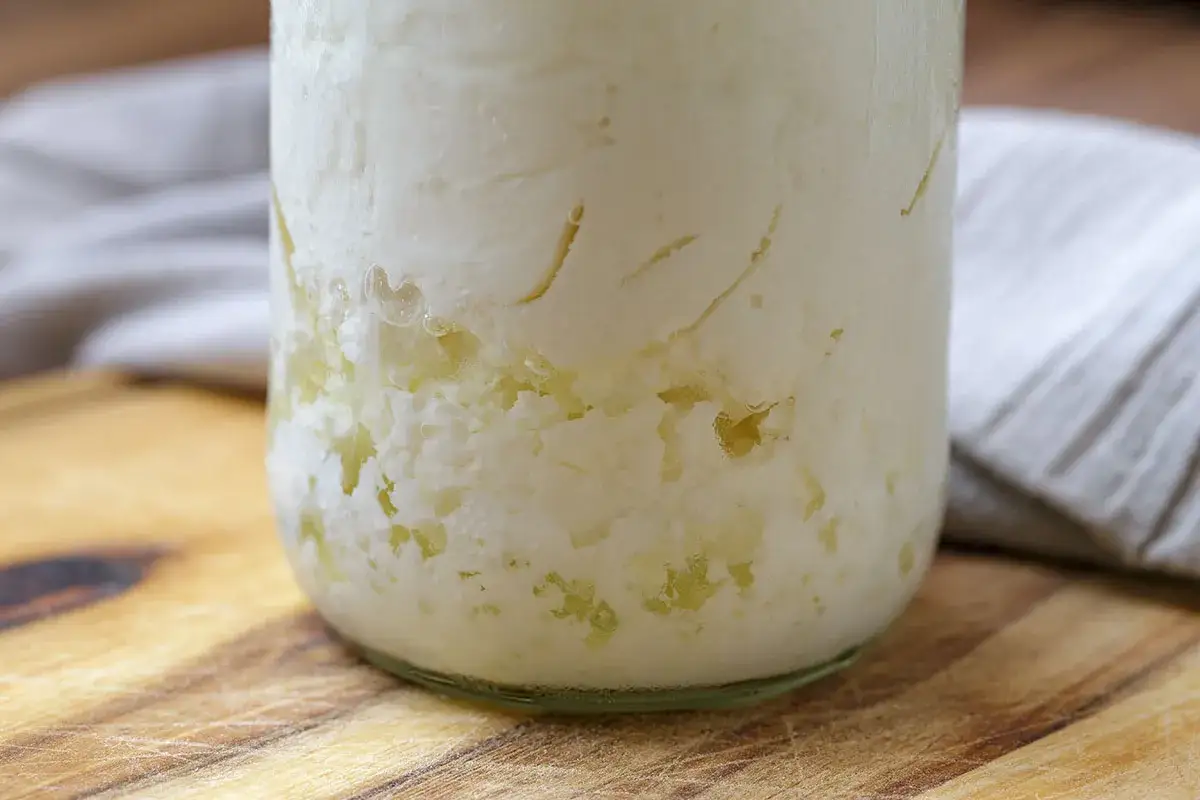 Kefir-K&ouml;rner im Glas, bereit zum Kefir einfrieren. Die K&ouml;rner sind wei&szlig; und leicht gelblich, mit einer flockigen Textur.