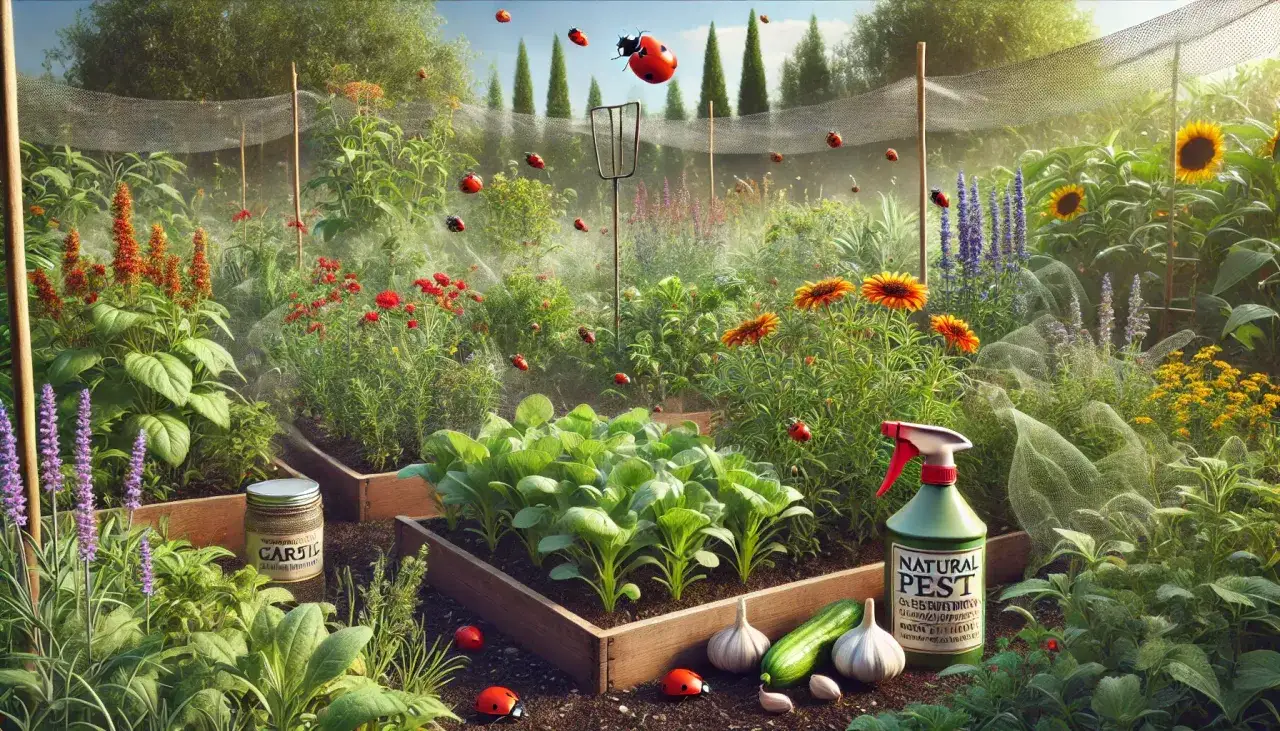 En frodig grönsaksodling med nyplanterad kål, solrosor och lavendel. En flaska