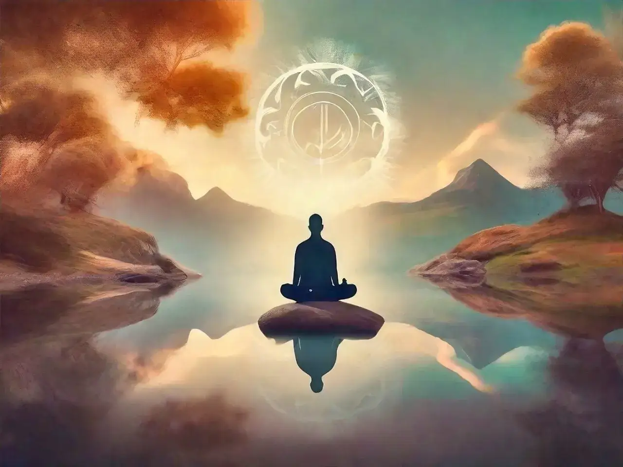 A silhouette meditates on a rock in a serene lake, surrounded by misty mountains and trees. This scene embodies how to be less judgemental through inner peace.