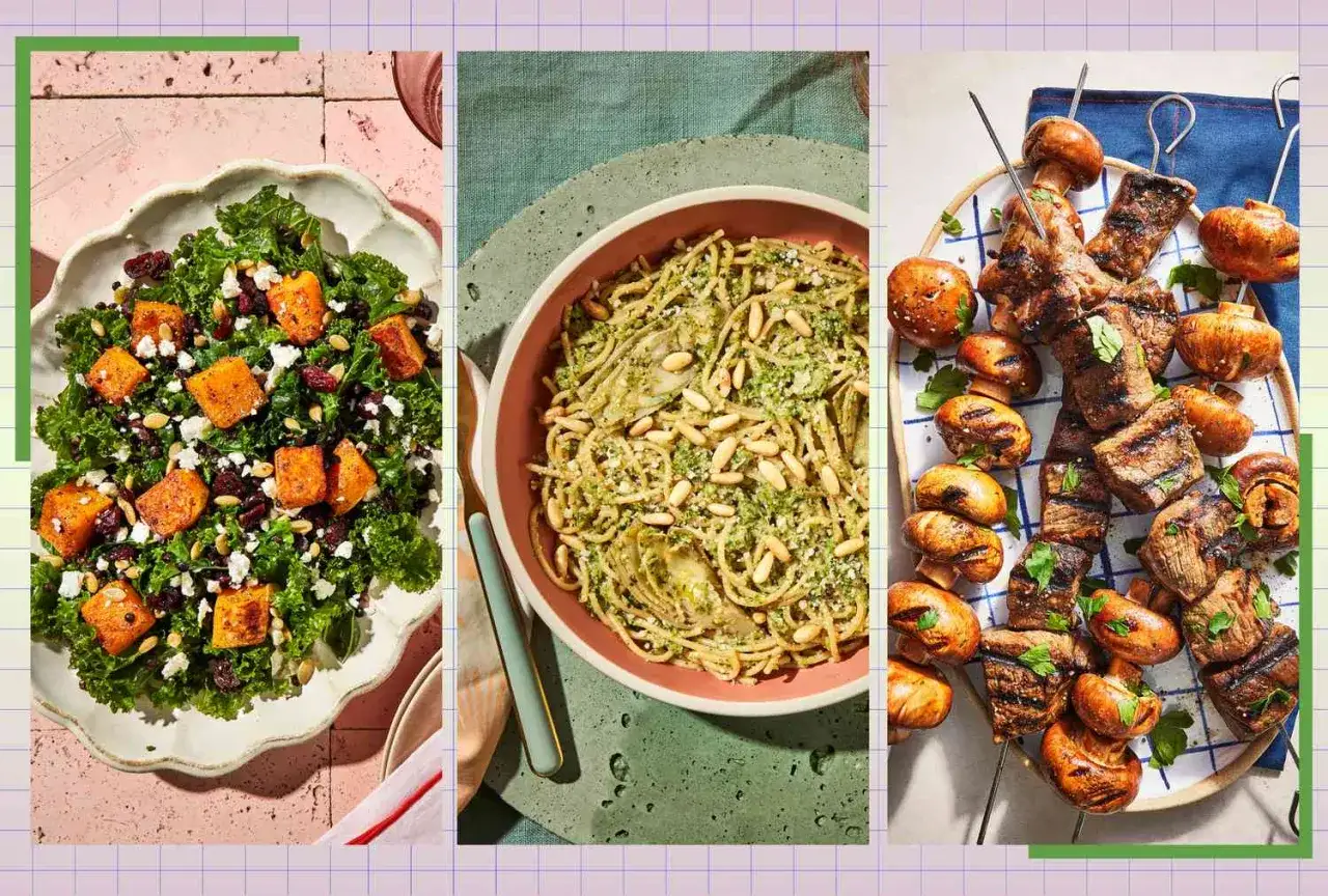 Un esempio di dieta per disbiosi intestinale: insalata di cavolo nero e zucca, spaghetti al pesto e spiedini di carne e funghi.