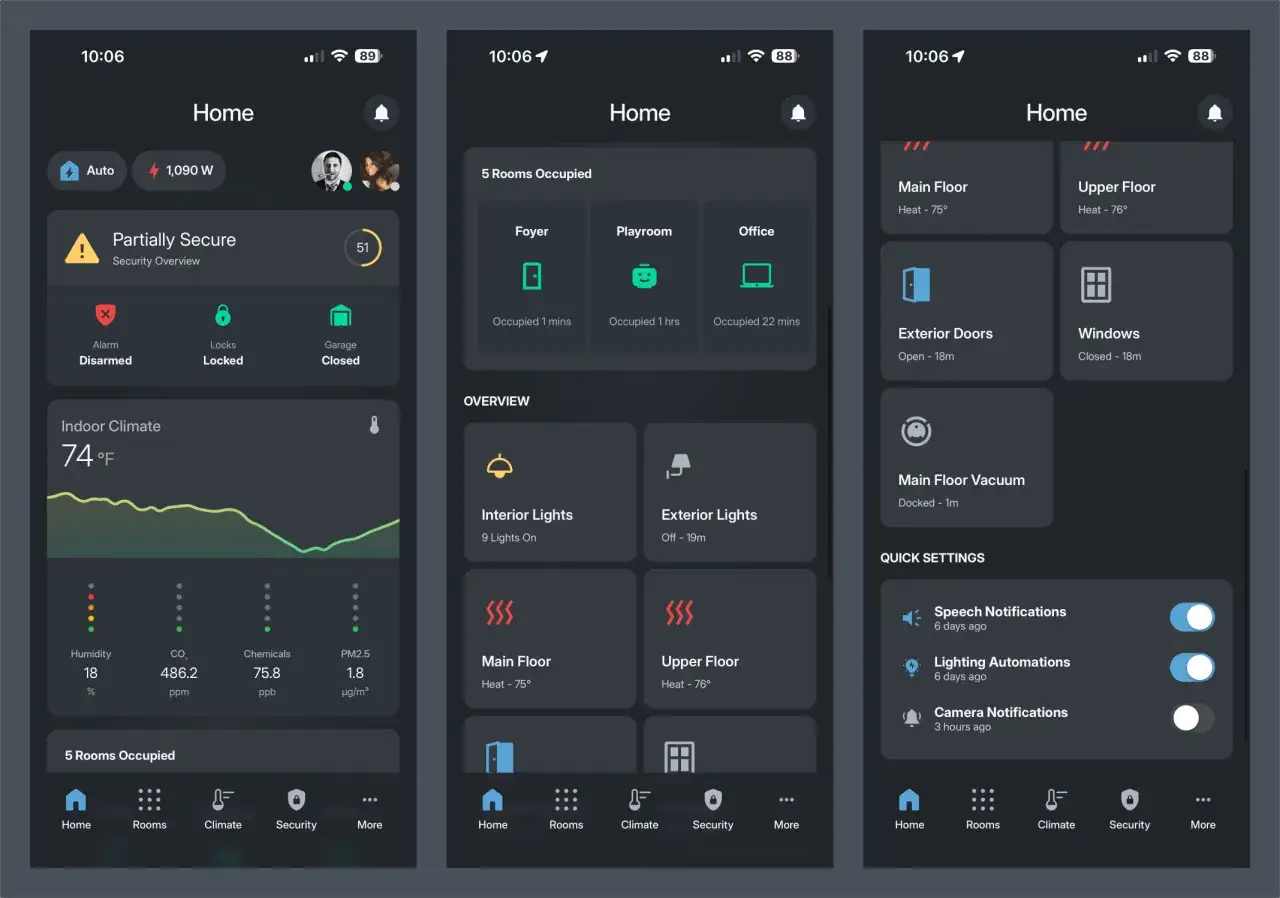 The esphome app displays a smart home dashboard with security status, room occupancy, climate control, and quick settings for automations.