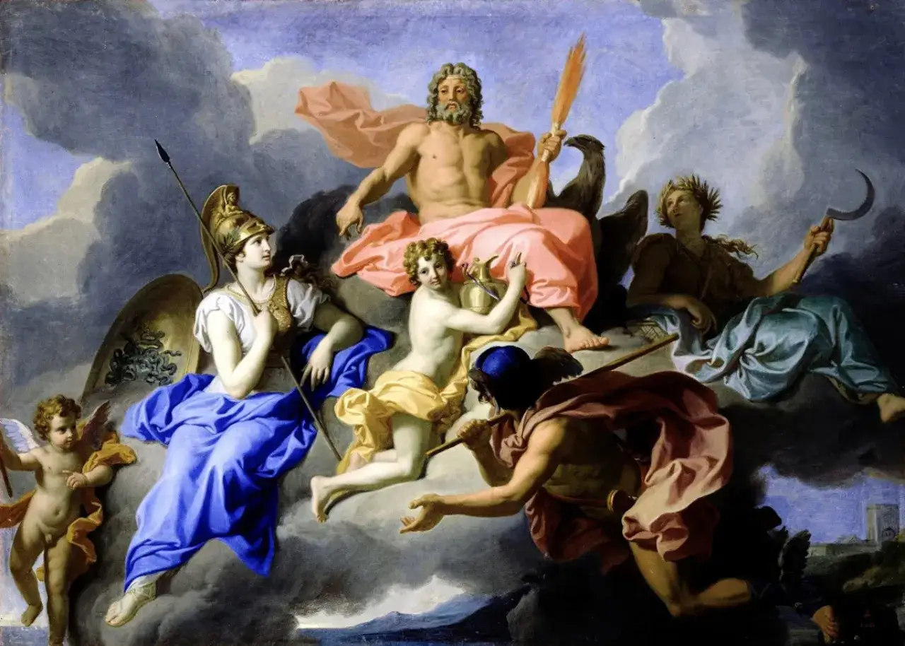 A gathering of pagan gods and goddesses in the clouds. Jupiter, Juno, Minerva, and Mercury are depicted with their symbols.