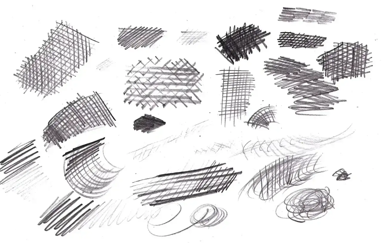 Ensemble d'exercices de dessin au crayon explorant différentes techniques de hachures, de quadrillages et de traits courbes pour créer des textures et des ombres.