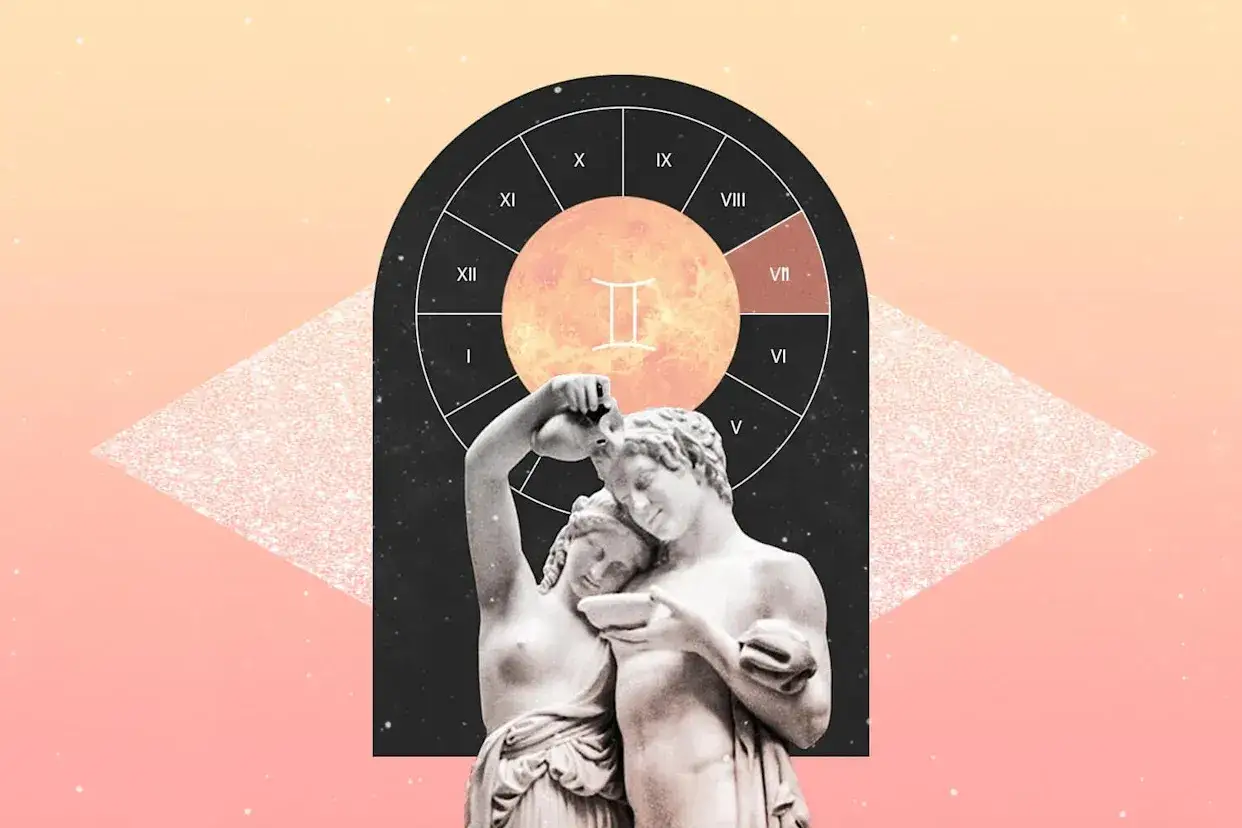 Wenus w Bliźniętach: dwie rzeźby dzielą się wodą pod astrologicznym kołem z symbolem Bliźniąt.