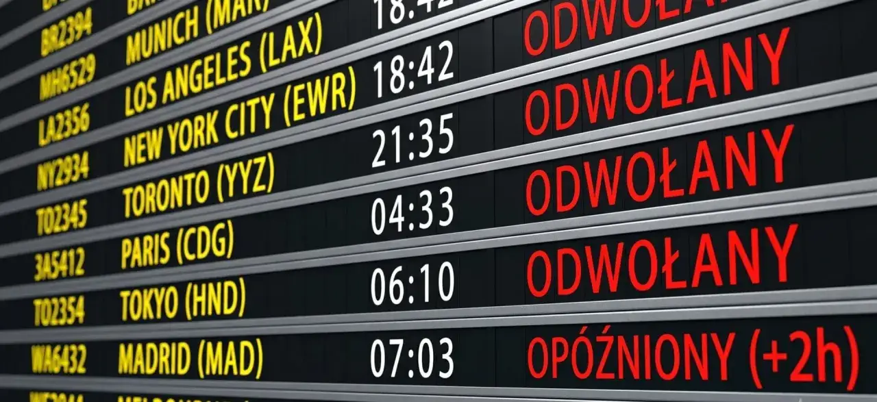 Tablica lotów: wiele lotów odwołanych, jeden opóźniony (+2h). Szukasz wzoru wniosku o odszkodowanie za opóźniony lot?