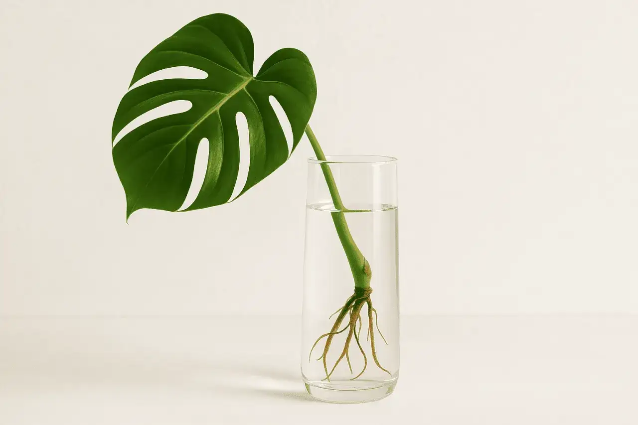 Ein Monstera-Ableger mit Wurzeln in einem Glas Wasser.