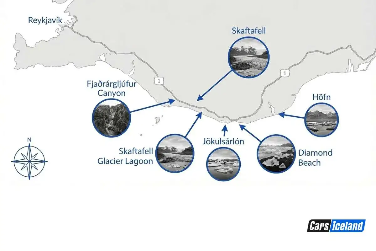 Mapa de una ruta por Islandia: Reykjavik, Fjaðrárgljúfur Canyon, Skaftafell, Jökulsárlón, Diamond Beach y Höfn.
