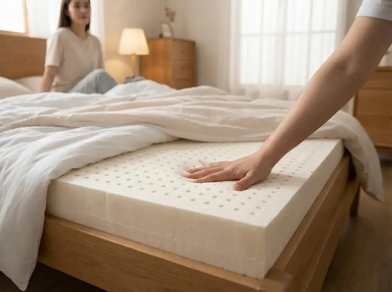 A hand presses into a soft, perforated mattress topper, showcasing its comfort. A woman sits on the bed in the background.