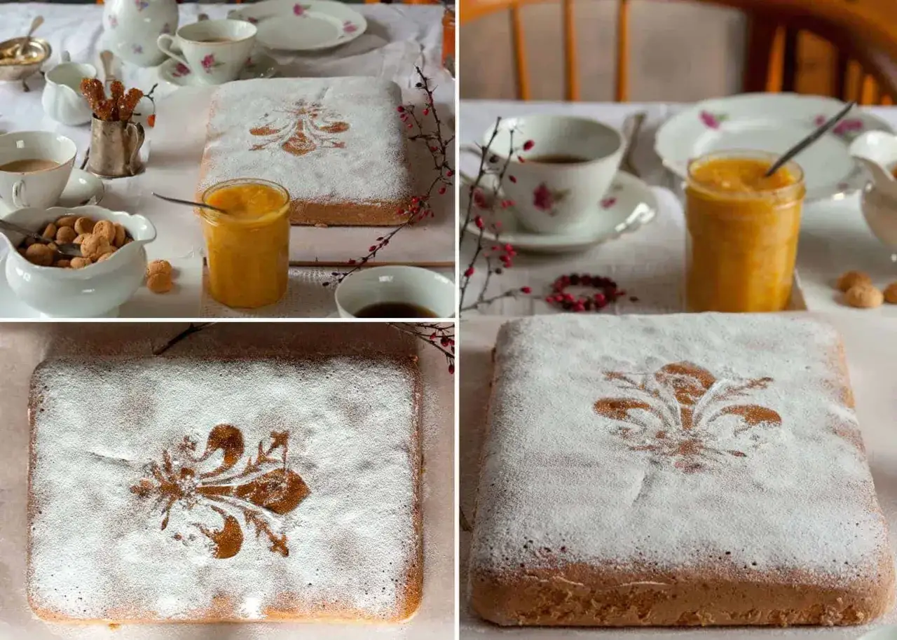 Schiacciata alla fiorentina, ein flacher Kuchen mit Puderzucker und Lilienmuster, serviert mit Marmelade und Keksen.