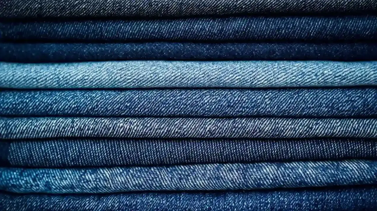 A stack of folded denim jeans in various shades of blue. The texture suggests denim is breathable, perfect for comfortable wear.