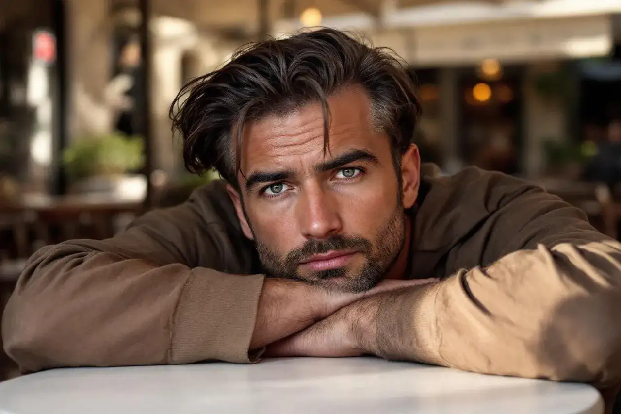 Un homme aux yeux verts, le regard perdu, semble ignorer une femme qui lui plaît. Il est appuyé sur ses bras croisés.