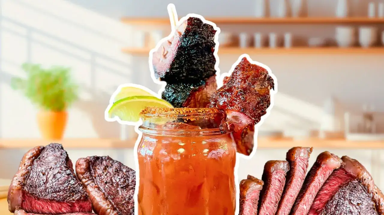 Kieliszki z Bloody Mary, ozdobione kawałkami mięsa i limonką, obok soczystych steków. Idealne na brunch z pomidorkami koktajlowymi w tle.