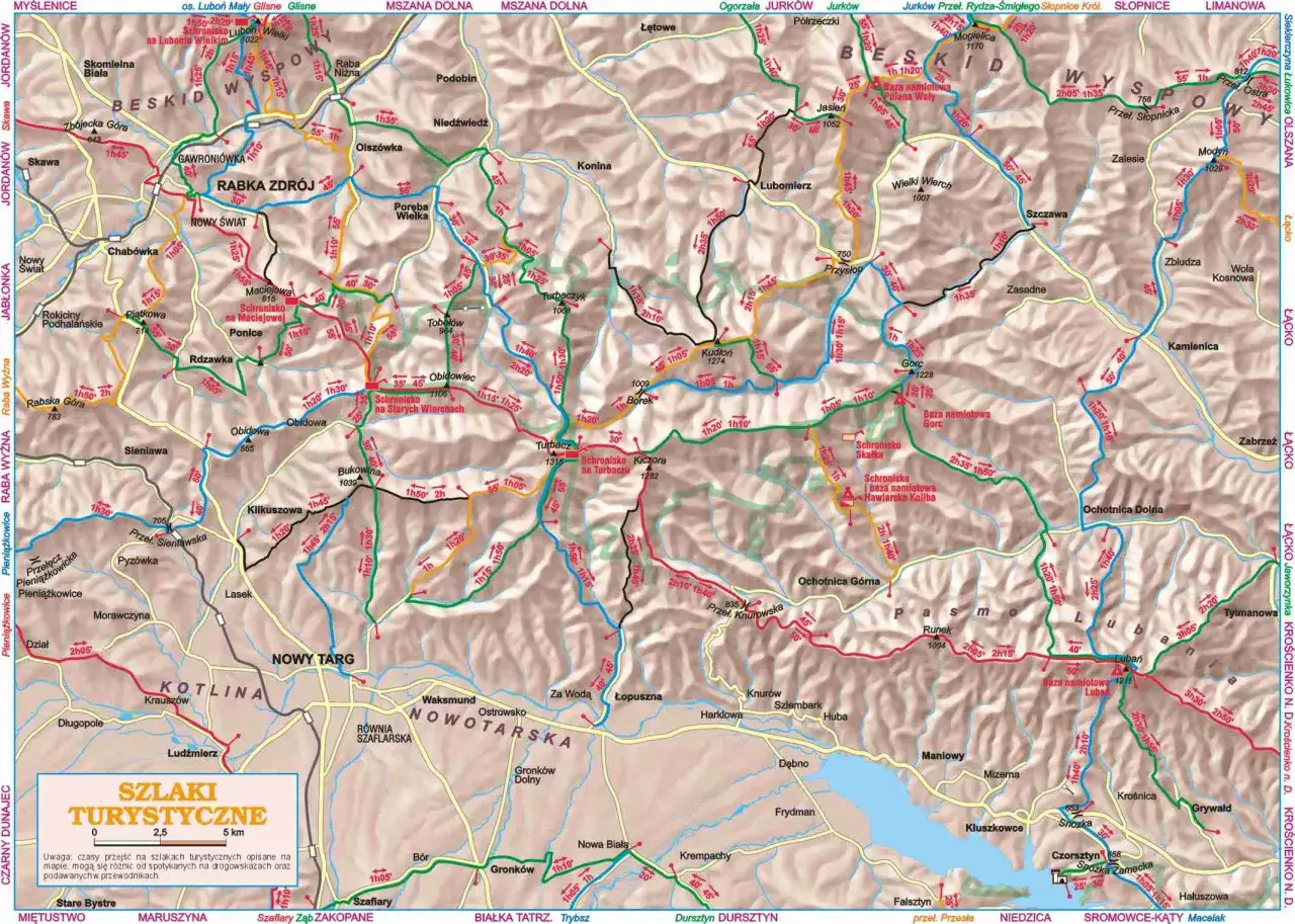 Mapa szlak&oacute;w turystycznych Beskid&oacute;w. Idealna na wakacje w g&oacute;rach, pokazuje trasy, schroniska i czasy przejść.