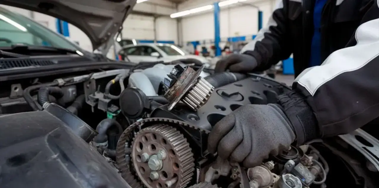 Mec&aacute;nico trabajando en la correa de distribuci&oacute;n de un coche. Se ven los engranajes y la correa dentada del motor.