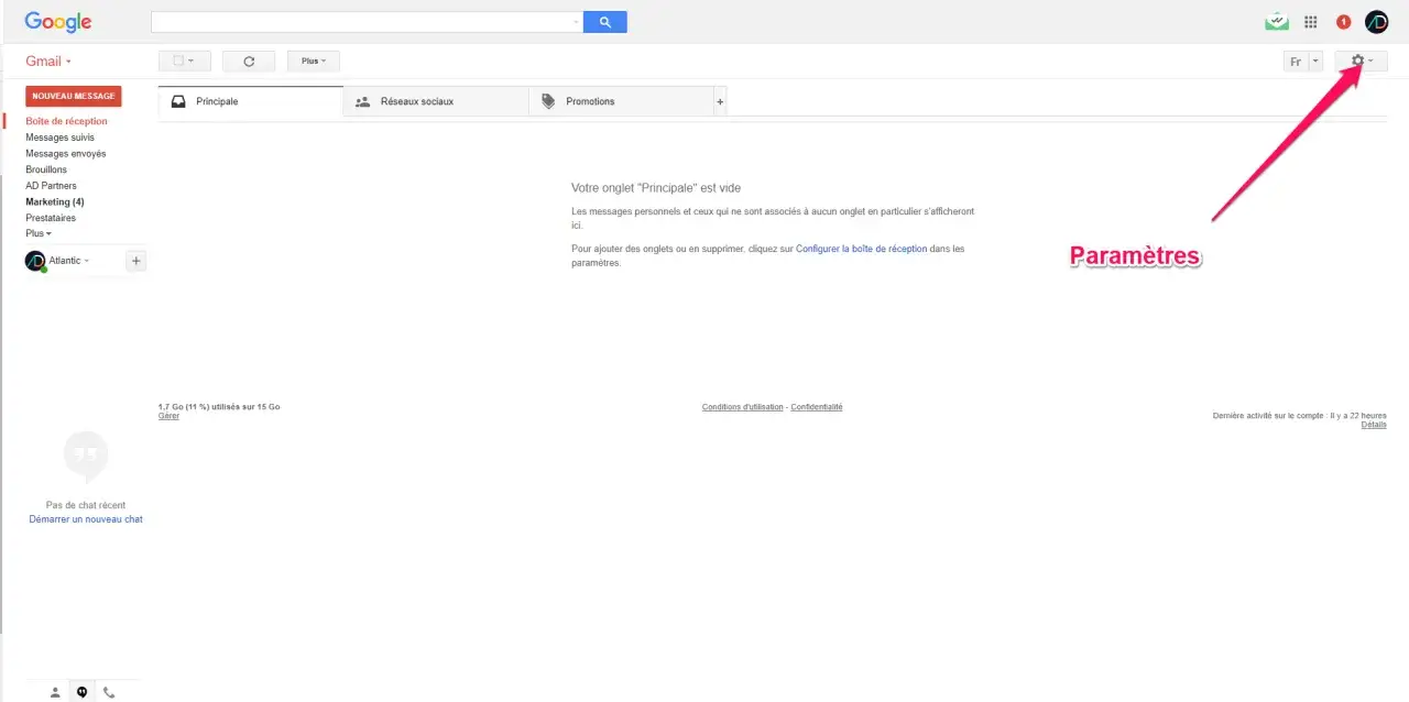 Icône de roue dentée pour accéder aux paramètres. Vous pouvez y trouver comment supprimer un compte Gmail.