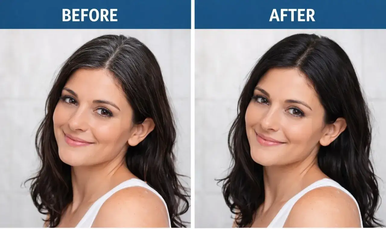 Avant/après : une femme souriante avec des cheveux gris avant, puis des cheveux noirs brillants après l'utilisation d'un shampoing colorant. Avis positif.
