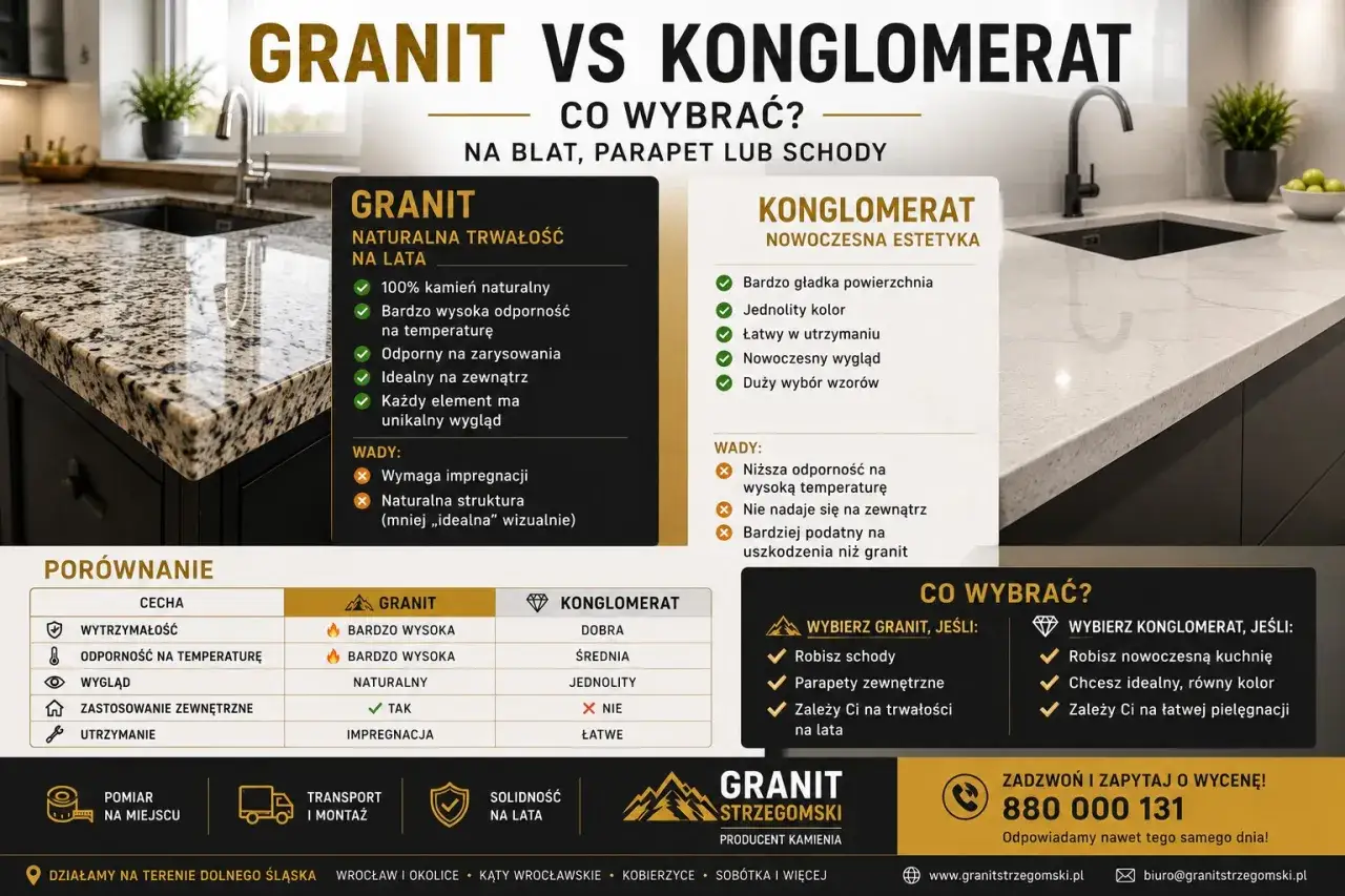 Porównanie granitu i konglomeratu na zewnątrz. Wybierz materiał na blat, parapet lub schody, który najlepiej spełni Twoje oczekiwania.