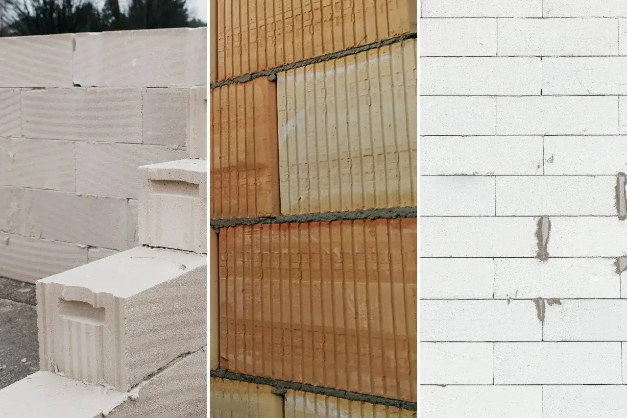 Trzy rodzaje bloczków budowlanych: białe pustaki, cegła ceramiczna i białe bloczki z betonu komórkowego. Z czego najlepiej budować dom?