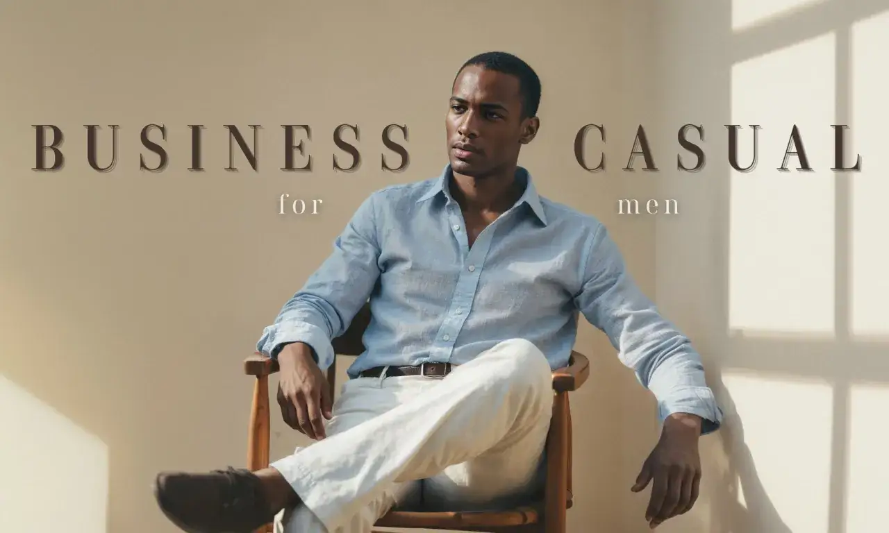 Mann im l&auml;ssigen Business-Outfit: hellblaues Leinenhemd, wei&szlig;e Hose, braune Schuhe. Perfekt f&uuml;r Business Casual ohne Sakko.