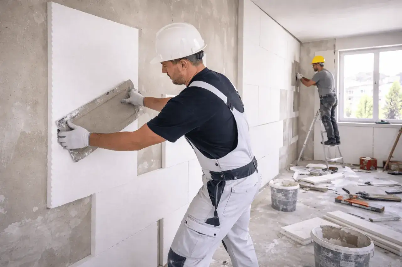 Operai applicano pannelli isolanti per migliorare la lambda trasmittanza termica di un edificio.