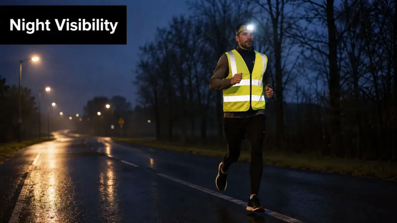 Mężczyzna w kamizelce odblaskowej i czołówce biegnie nocą po mokrej drodze.
