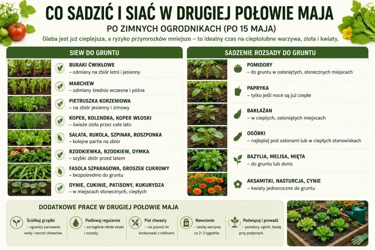 Kalendarz ogrodnika: co kiedy sadzić w drugiej połowie maja. Siew buraków, marchwi, ziół, sałat, a także sadzenie pomidorów, papryki, ogórków.