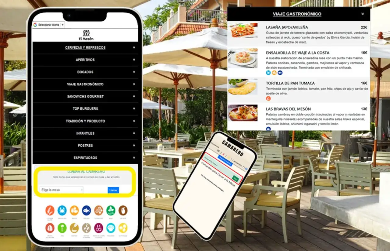 Men&uacute; de restaurante en un m&oacute;vil, con opciones como 