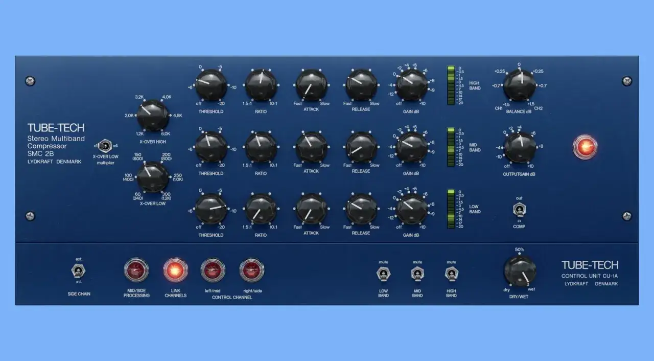 Ein digitaler free multiband compressor mit vielen Reglern für Frequenzbänder, Attack, Release und Gain.