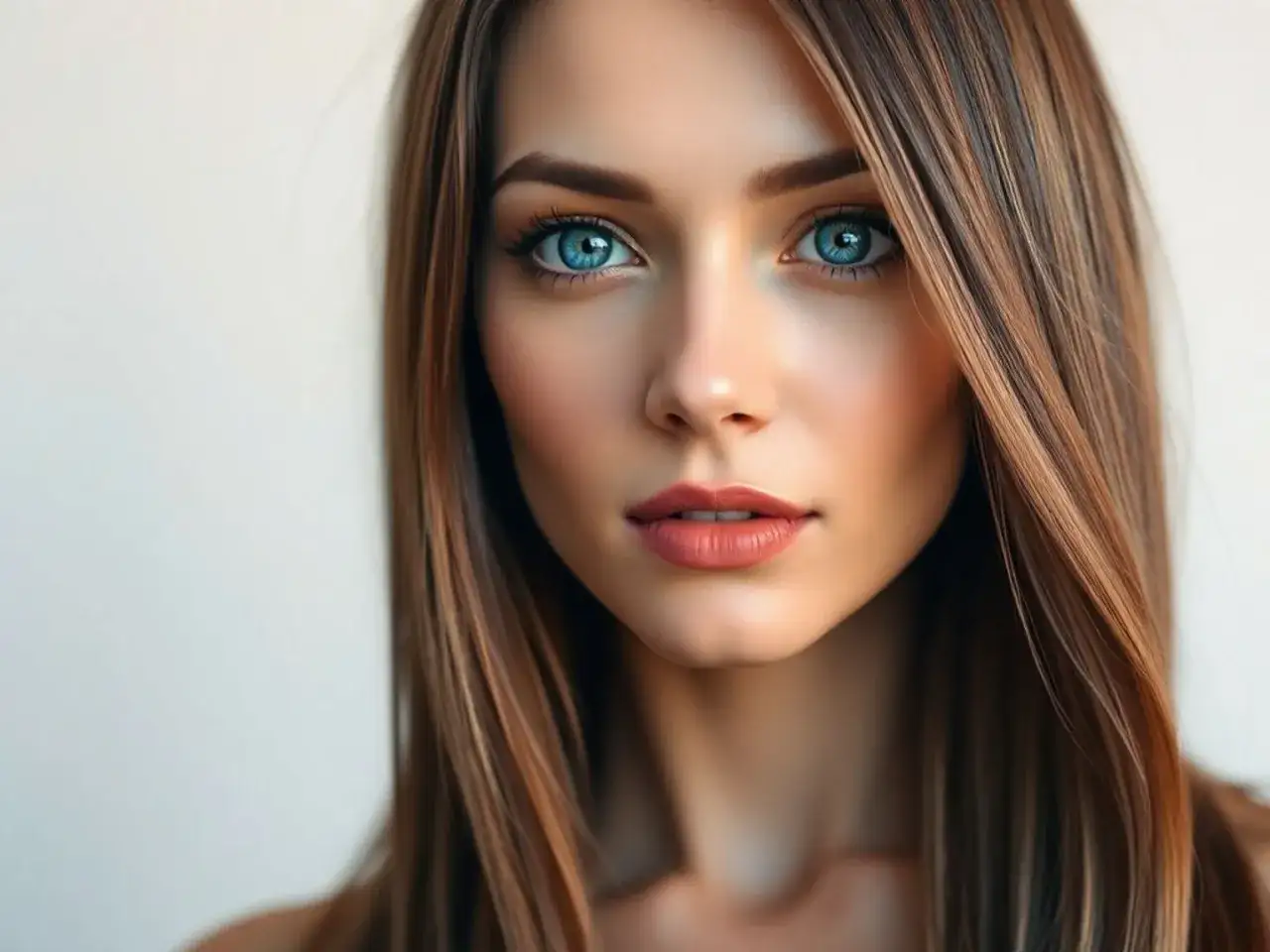 Eine Frau mit strahlend blauen Augen und langen, braunen Haaren. Die Haarfarbe harmoniert perfekt mit ihren Augen und betont ihre nat&uuml;rliche Sch&ouml;nheit.