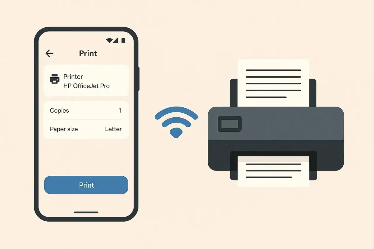 Ilustracja pokazuje, jak połączyć telefon z drukarką HP OfficeJet Pro. Widoczny jest ekran telefonu z opcjami drukowania i drukarka połączona przez Wi-Fi.