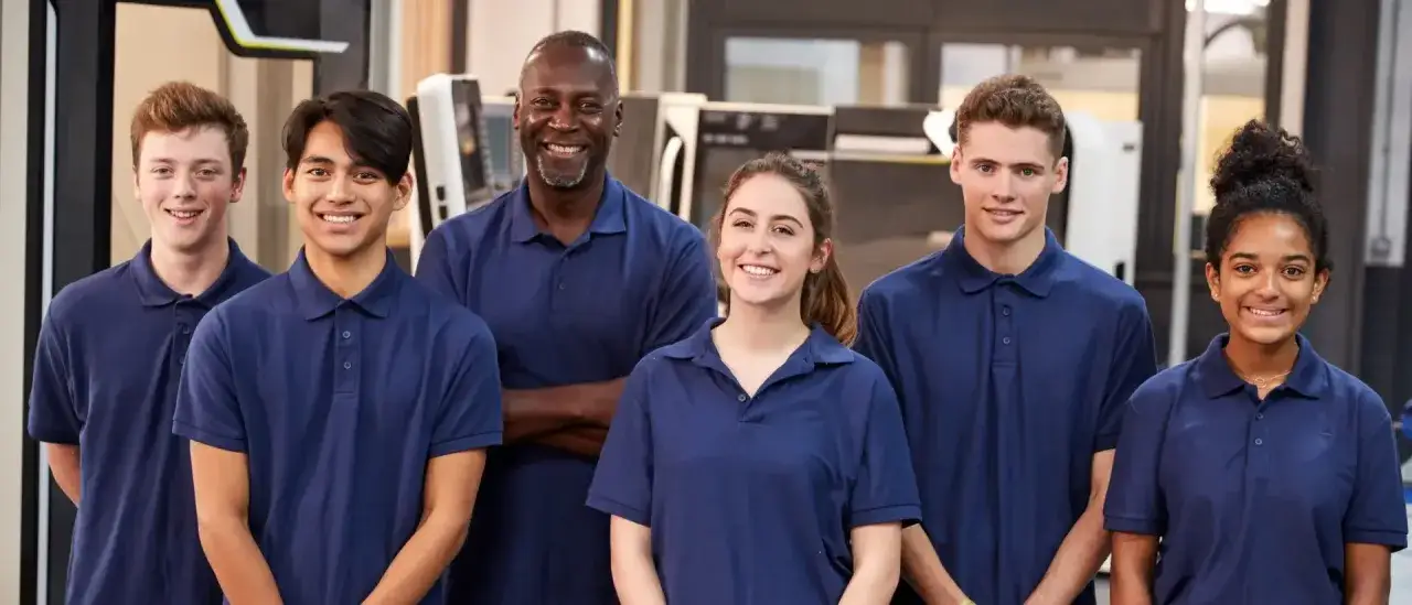 Sechs l&auml;chelnde junge Leute und ein Mann in dunkelblauen Poloshirts, die eine kaufm&auml;nnische Ausbildung nebenberuflich absolvieren.