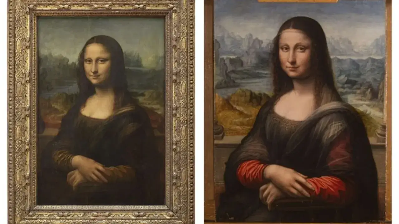 Dos versiones de la Mona Lisa, una enmarcada y otra sin marco, muestran el icónico retrato con su enigmática sonrisa.