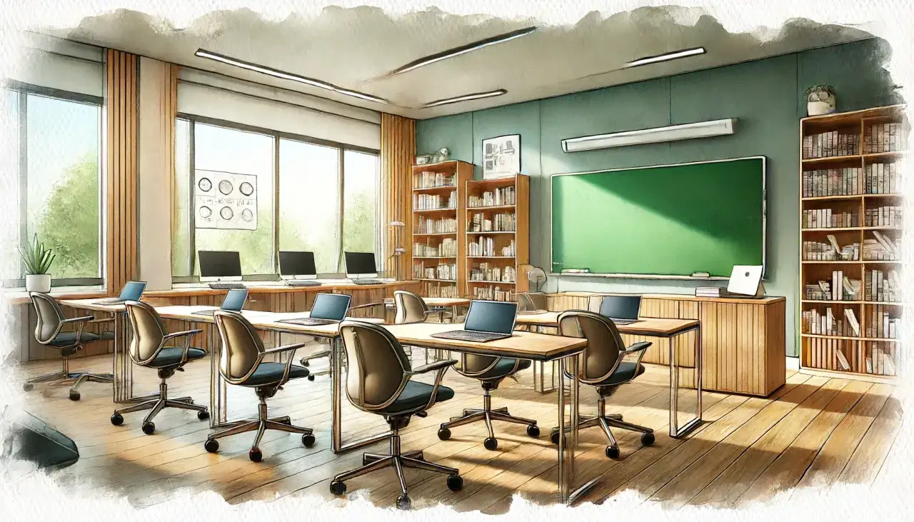 Moderne raumgestaltung klassenzimmer gestalten: Tische mit Laptops, St&uuml;hle, B&uuml;cherregale und eine gr&uuml;ne Tafel.