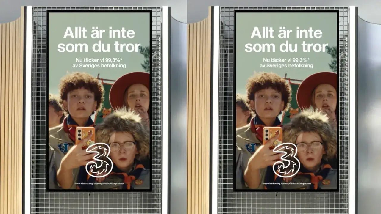 Reklam för 3 med barn som scouter. Texten