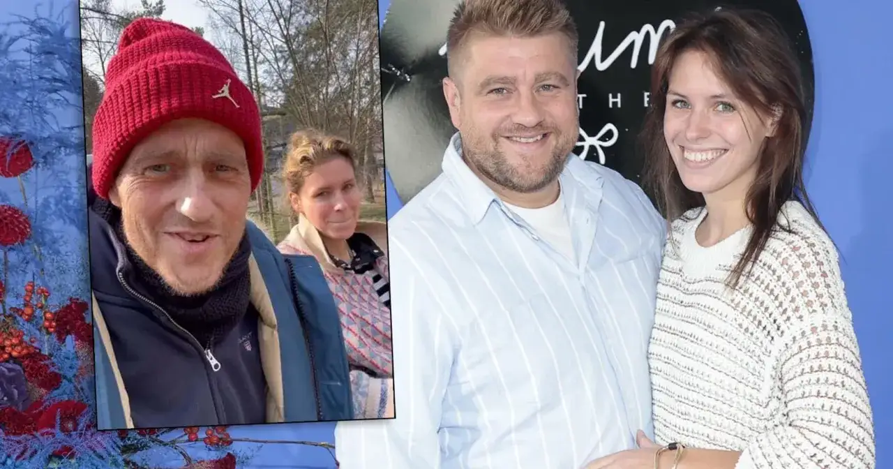 Tomasz Jakubiak z dziećmi na zdjęciach. Uśmiechnięty mężczyzna w czerwonej czapce i jego żona, a obok para na evencie.