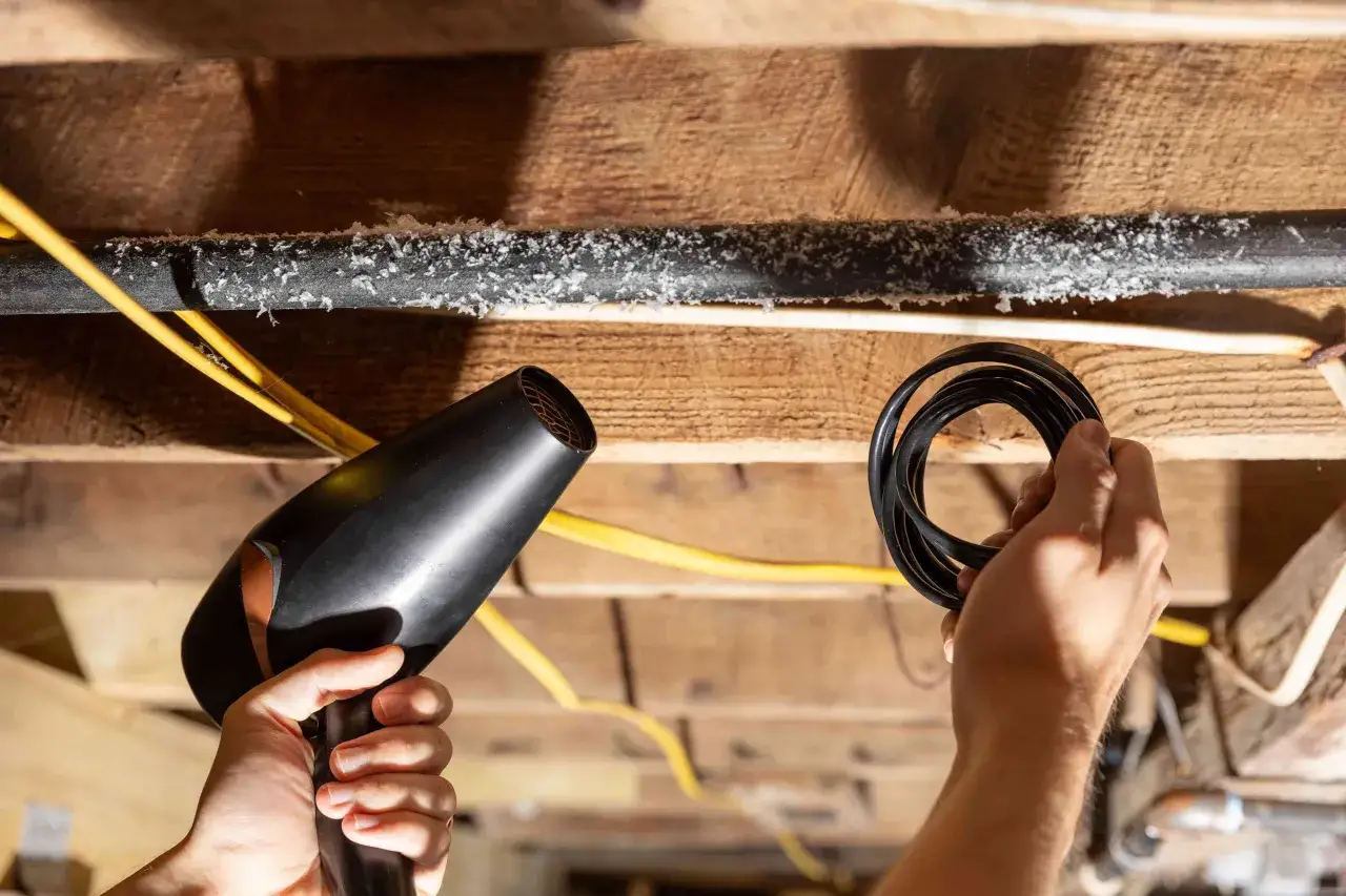 Hands work on a frozen pipe repair, using a hairdryer to thaw it and holding black pipe insulation.