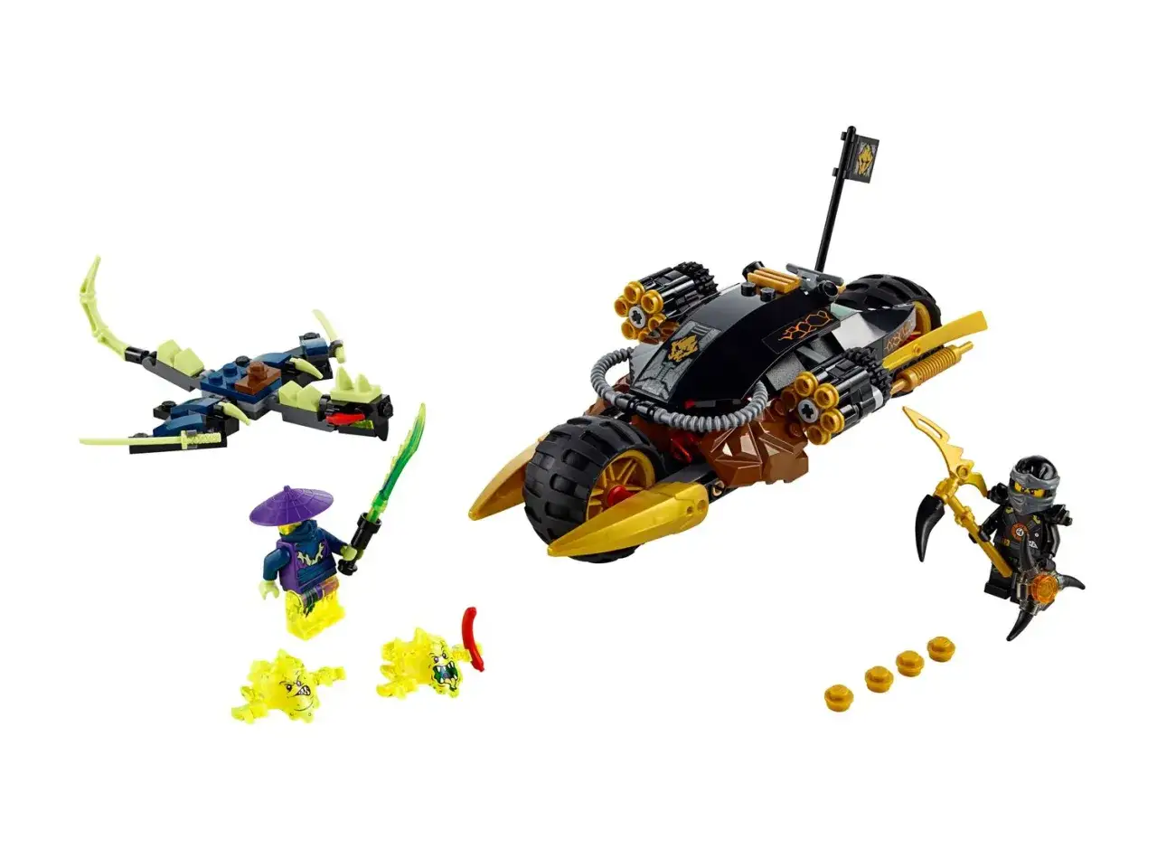 Zestaw klock&oacute;w LEGO 70733: czarny motocykl z miotaczami, smok, ninja z mieczem i złowrogie stworki.