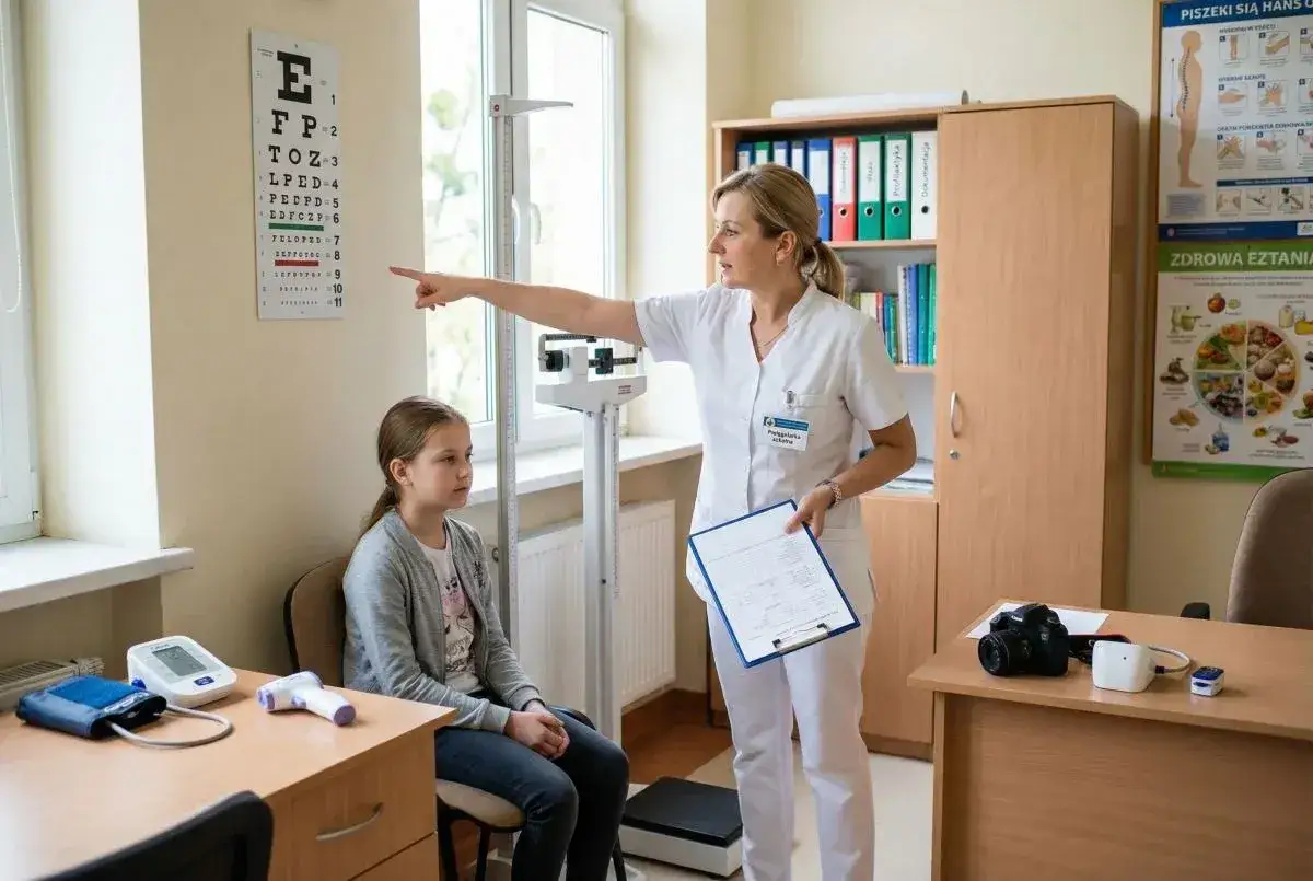 Pielęgniarka szkolna bada wzrok dziewczynki przy tablicy Snellen. Obok waga lekarska i dokumentacja medyczna.
