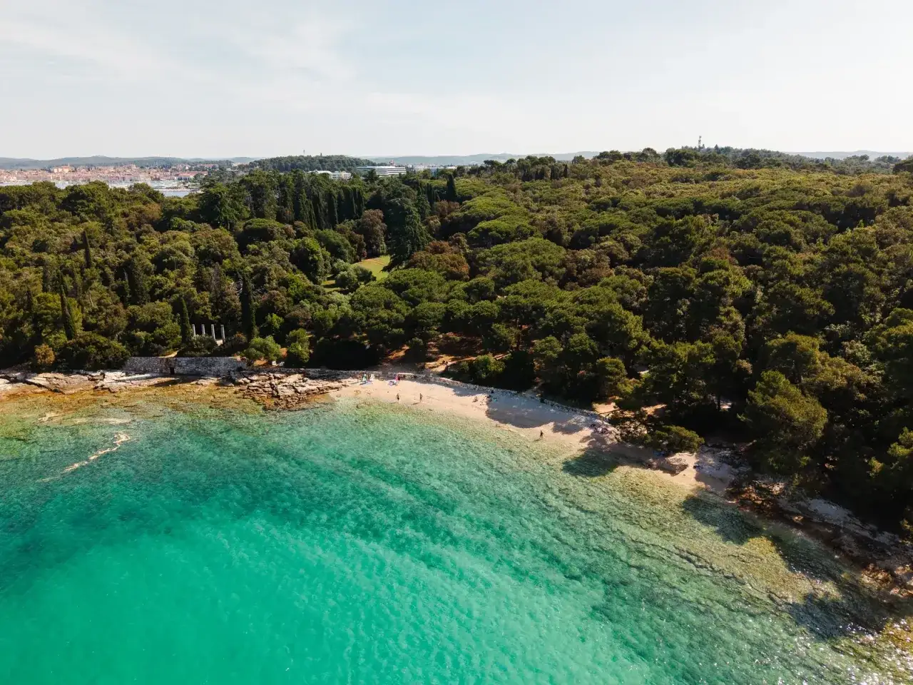 Versteckte Bucht bei Rovinj, ein Geheimtipp mit kristallklarem Wasser und Pinienwald.