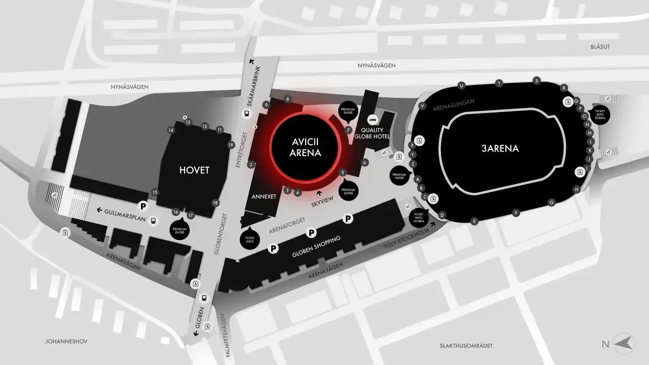 Karta över Globen idag med Avicii Arena, Hovet och 3Arena. Visar entréer, hotell och shopping.